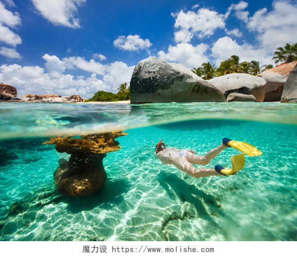拆分的浮潜在绿松石海海水珊瑚和热带鱼在维尔京戈尔达英属维尔京群岛加勒比之间的年轻女子的照片